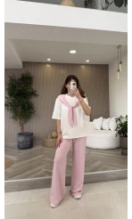 Fular Detaylı Modal T-shirt Eşofman Takım - Pembe - Kod: 4116