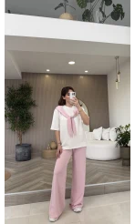 Fular Detaylı Modal T-shirt Eşofman Takım - Pembe - Kod: 4116