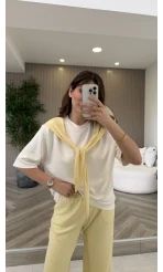 Fular Detaylı Modal T-shirt Eşofman Takım - Sarı - Kod: 4116