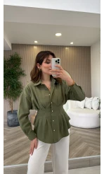 Taş Düğme Detaylı Beli Pileli Gömlek - Çağla - Kod: 2247