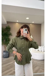 Taş Düğme Detaylı Beli Pileli Gömlek - Çağla - Kod: 2247