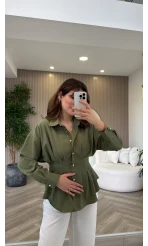 Taş Düğme Detaylı Beli Pileli Gömlek - Çağla - Kod: 2247