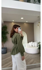 Taş Düğme Detaylı Beli Pileli Gömlek - Çağla - Kod: 2247