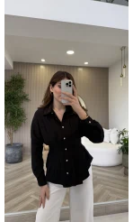 Taş Düğme Detaylı Beli Pileli Gömlek - Siyah - Kod: 2247