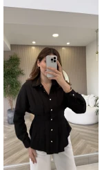 Taş Düğme Detaylı Beli Pileli Gömlek - Siyah - Kod: 2247