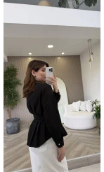 Taş Düğme Detaylı Beli Pileli Gömlek - Siyah - Kod: 2247