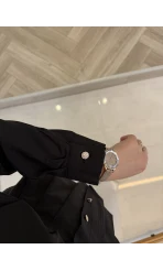 Taş Düğme Detaylı Beli Pileli Gömlek - Siyah - Kod: 2247