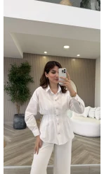 Taş Düğme Detaylı Beli Pileli Gömlek - Beyaz - Kod: 2247