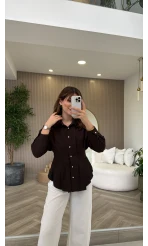 Taş Düğme Detaylı Beli Pileli Gömlek - Acı Kahve - Kod: 2247