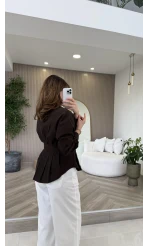 Taş Düğme Detaylı Beli Pileli Gömlek - Acı Kahve - Kod: 2247