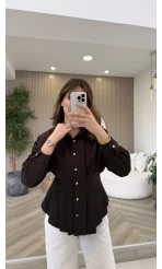 Taş Düğme Detaylı Beli Pileli Gömlek - Acı Kahve - Kod: 2247