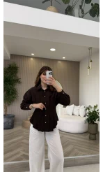 Taş Düğme Detaylı Beli Pileli Gömlek - Acı Kahve - Kod: 2247