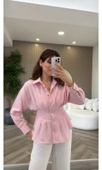 Taş Düğme Detaylı Beli Pileli Gömlek - Pembe - Kod: 2247