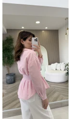 Taş Düğme Detaylı Beli Pileli Gömlek - Pembe - Kod: 2247