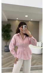 Taş Düğme Detaylı Beli Pileli Gömlek - Pembe - Kod: 2247