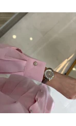 Taş Düğme Detaylı Beli Pileli Gömlek - Pembe - Kod: 2247