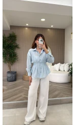 Taş Düğme Detaylı Beli Pileli Gömlek - Mavi - Kod: 2247