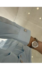 Taş Düğme Detaylı Beli Pileli Gömlek - Mavi - Kod: 2247