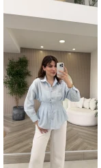 Taş Düğme Detaylı Beli Pileli Gömlek - Mavi - Kod: 2247