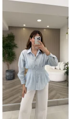 Taş Düğme Detaylı Beli Pileli Gömlek - Mavi - Kod: 2247