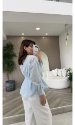 Taş Düğme Detaylı Beli Pileli Gömlek - Mavi - Kod: 2247