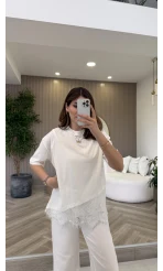 Dyla Dantel Detay Kısa Kol T-shirt - Ekru