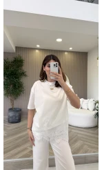 Dyla Dantel Detay Kısa Kol T-shirt - Ekru