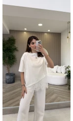 Dyla Dantel Detay Kısa Kol T-shirt - Ekru