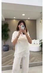 Dyla Dantel Detay Kısa Kol T-shirt - Ekru