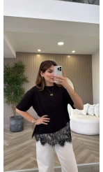 Dyla Dantel Detay Kısa Kol T-shirt - Siyah