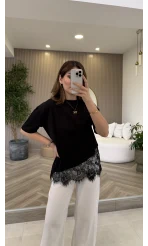 Dyla Dantel Detay Kısa Kol T-shirt - Siyah