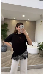 Dyla Dantel Detay Kısa Kol T-shirt - Siyah