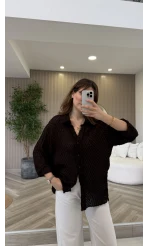 Geraldine Püsküllü İnce Uzun Gömlek - Kahverengi - Kod: 2252