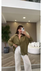 Geraldine Püsküllü İnce Uzun Gömlek - Haki - Kod: 2252