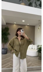 Geraldine Püsküllü İnce Uzun Gömlek - Haki - Kod: 2252