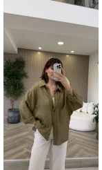 Geraldine Püsküllü İnce Uzun Gömlek - Haki - Kod: 2252