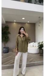 Geraldine Püsküllü İnce Uzun Gömlek - Haki - Kod: 2252