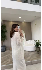 Geraldine Püsküllü İnce Uzun Gömlek - Beyaz - Kod: 2252