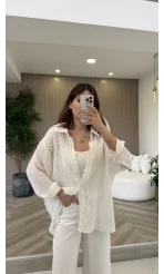 Geraldine Püsküllü İnce Uzun Gömlek - Beyaz - Kod: 2252