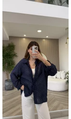 Geraldine Püsküllü İnce Uzun Gömlek - Lacivert - Kod: 2252