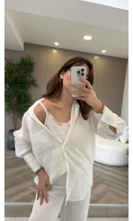 İçi Askılı Dantel Detaylı Gömlek - Ekru - Kod: 2209