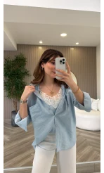 İçi Askılı Dantel Detaylı Gömlek - Mavi - Kod: 2209