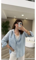 İçi Askılı Dantel Detaylı Gömlek - Mavi - Kod: 2209