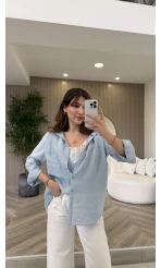 İçi Askılı Dantel Detaylı Gömlek - Mavi - Kod: 2209