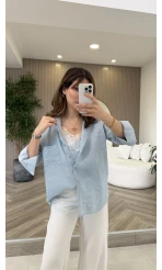 İçi Askılı Dantel Detaylı Gömlek - Mavi - Kod: 2209