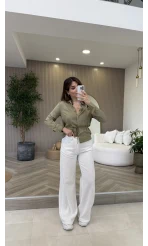 Bağcıklı Dökümlü Gömlek - Haki - Kod: 124