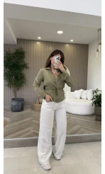 Bağcıklı Dökümlü Gömlek - Haki - Kod: 124