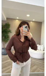 Bağcıklı Dökümlü Gömlek - Kahve - Kod: 124