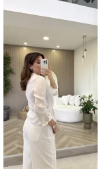 Bağcıklı Dökümlü Gömlek - Ekru - Kod: 124