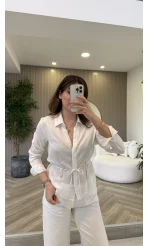 Bağcıklı Dökümlü Gömlek - Ekru - Kod: 124